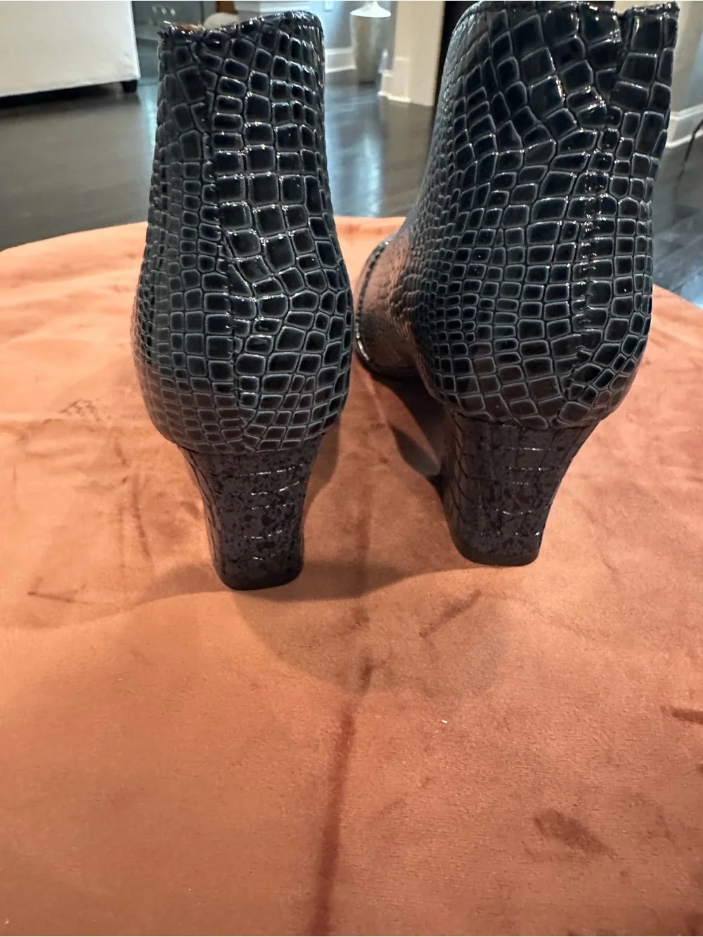 Pointed Toe Women's Ankle Boots in Black Croc-Embossed Leather